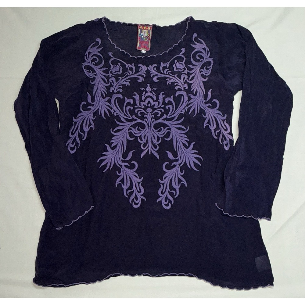 Johnny Was Purple Embroidered Top Size XS Long Sleeved Scalloped Edge